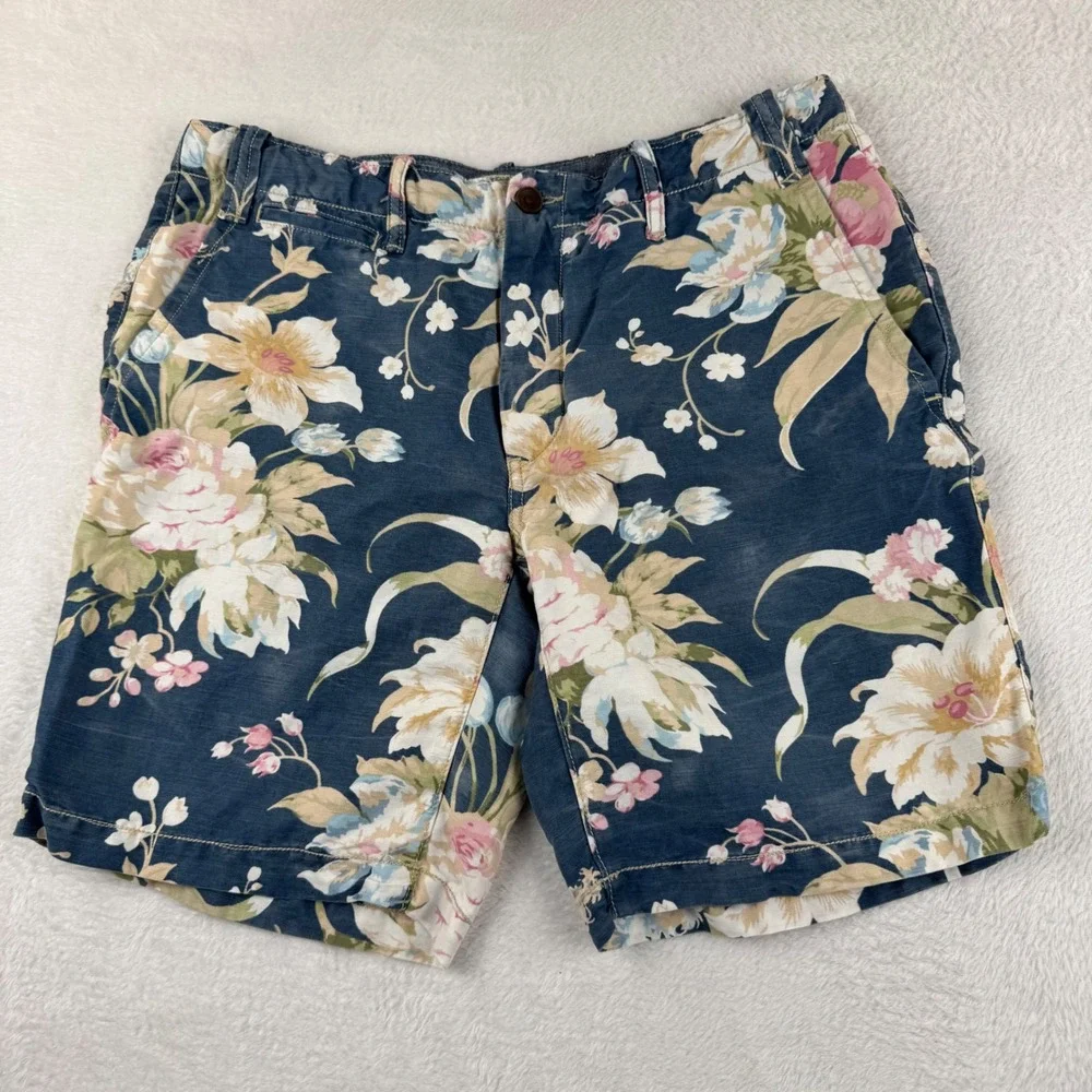Polo Ralph Lauren Floral Shorts Mens 32 Blue Linen Blend Straight Fit Tropical